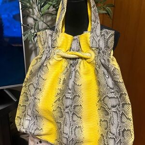 Yellow and Gray Snakeskin Print Tote with Ruched Details